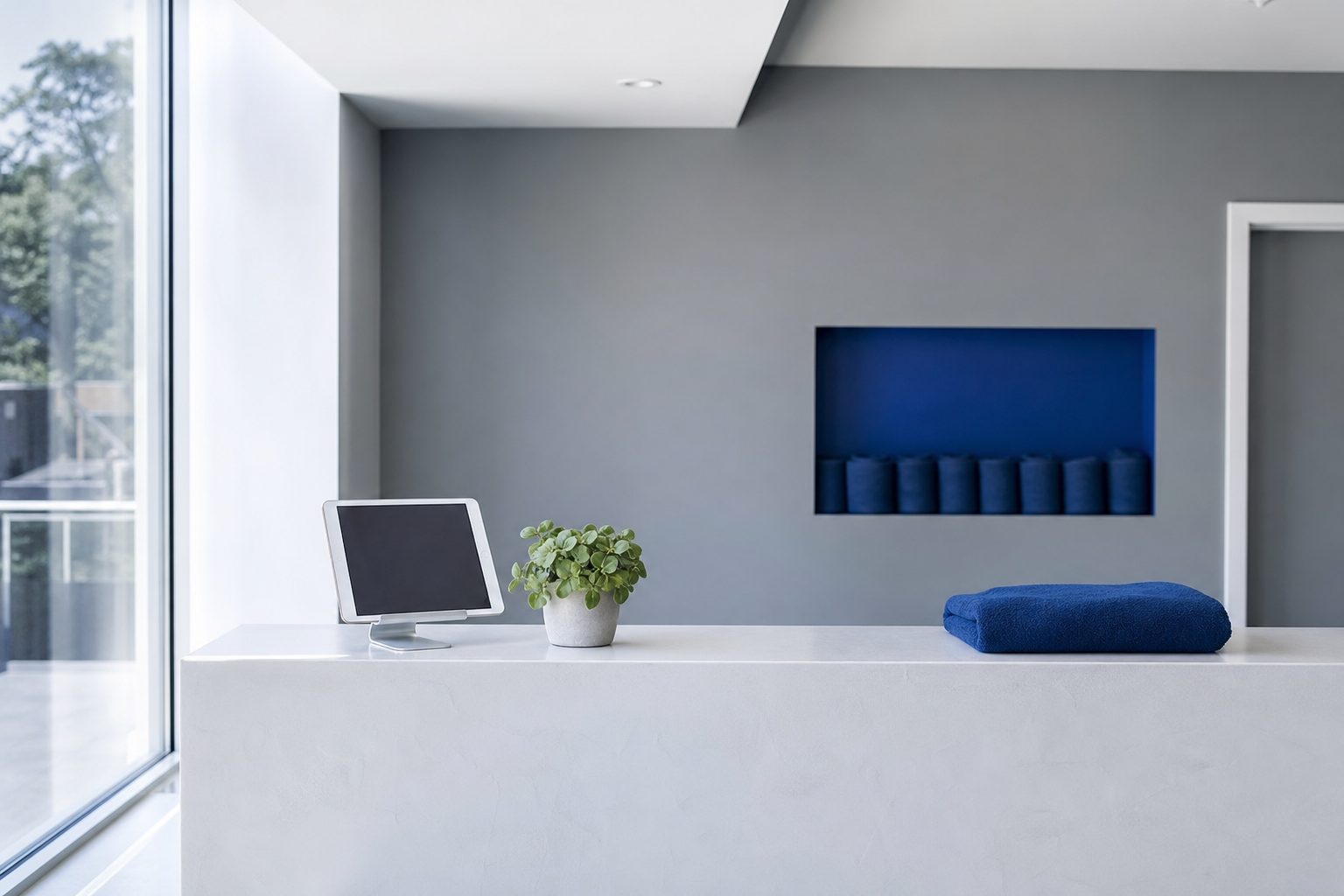 Bright studio front desk with a tablet and folded towel on a chalk white counter