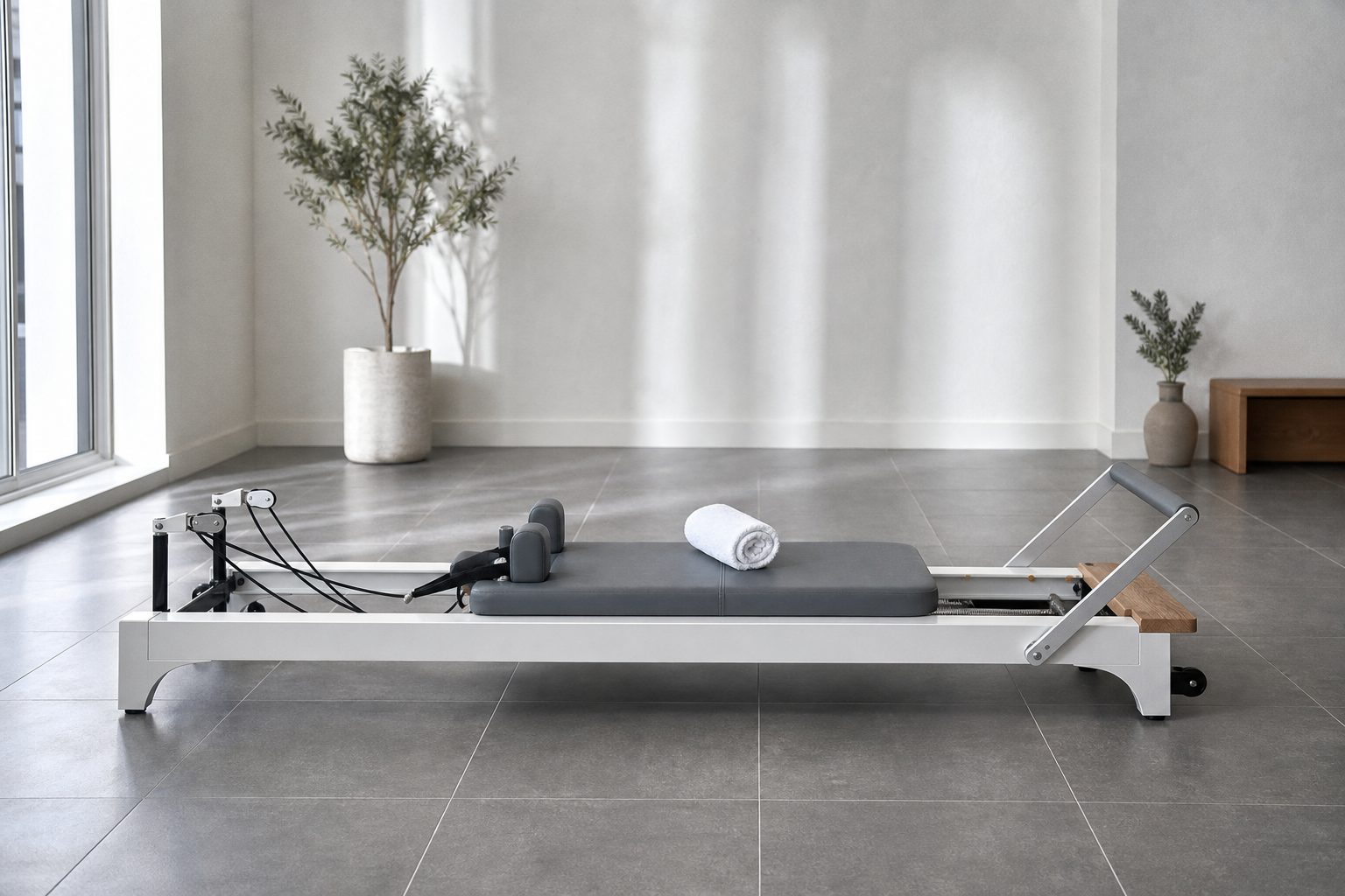 Single empty reformer with a rolled towel on the carriage in a bright quiet studio