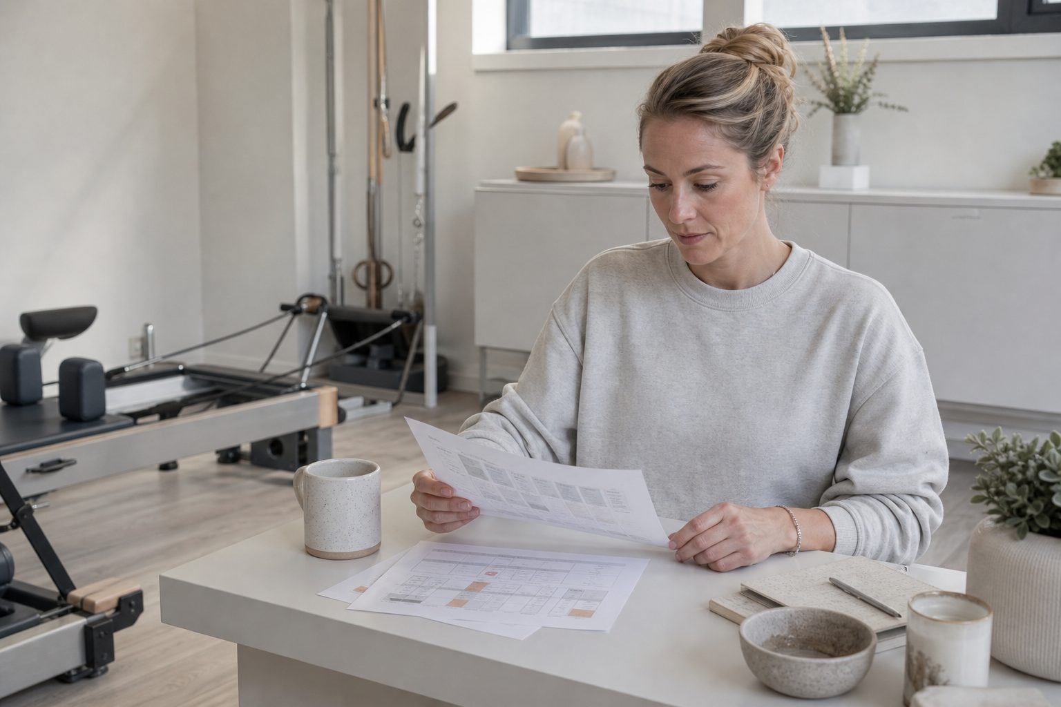 Pilates instructor reviewing a class schedule at a white desk next to a reformer in a daylit studio