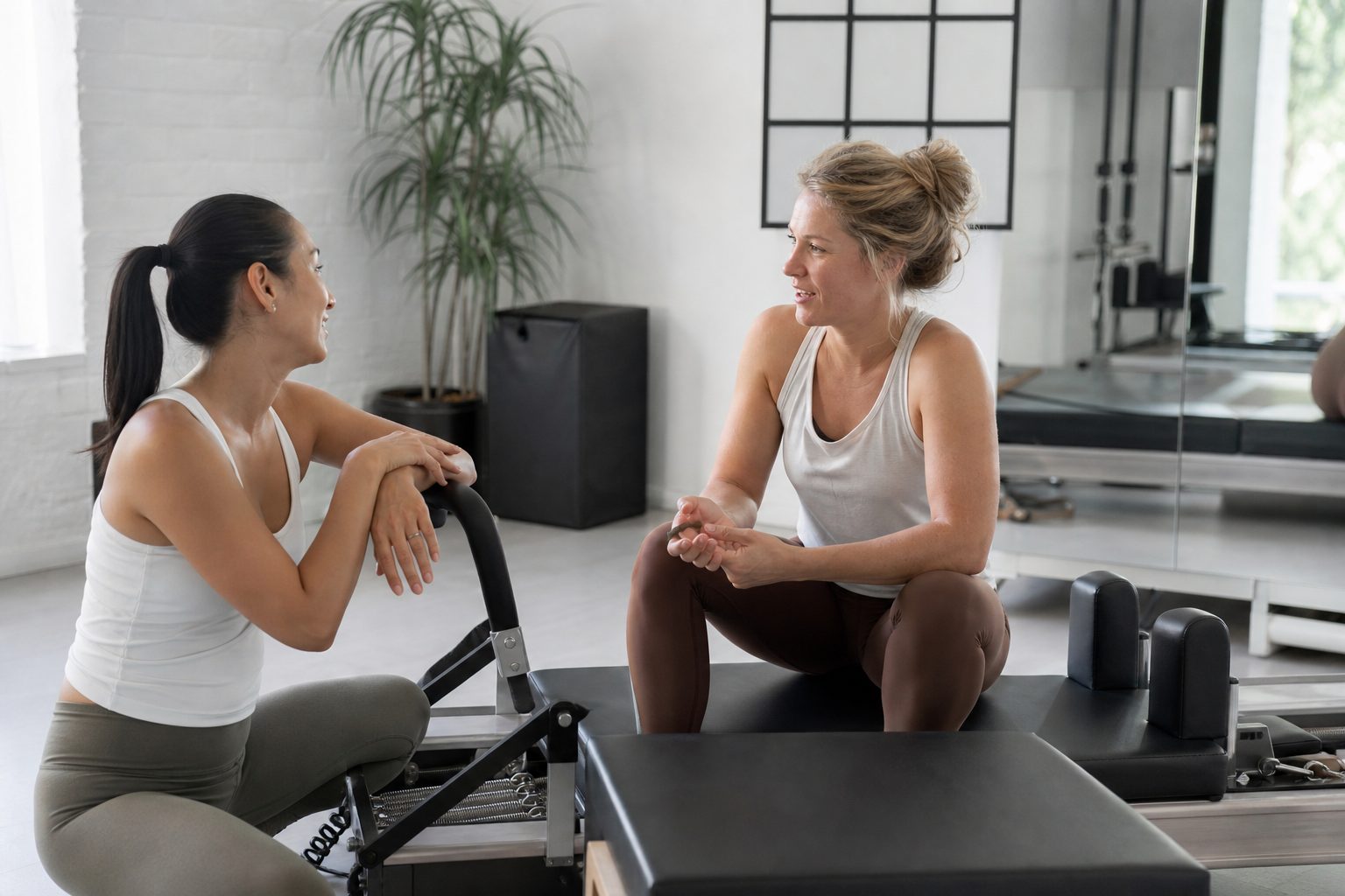 Two Pilates instructors in conversation beside a reformer in a bright studio