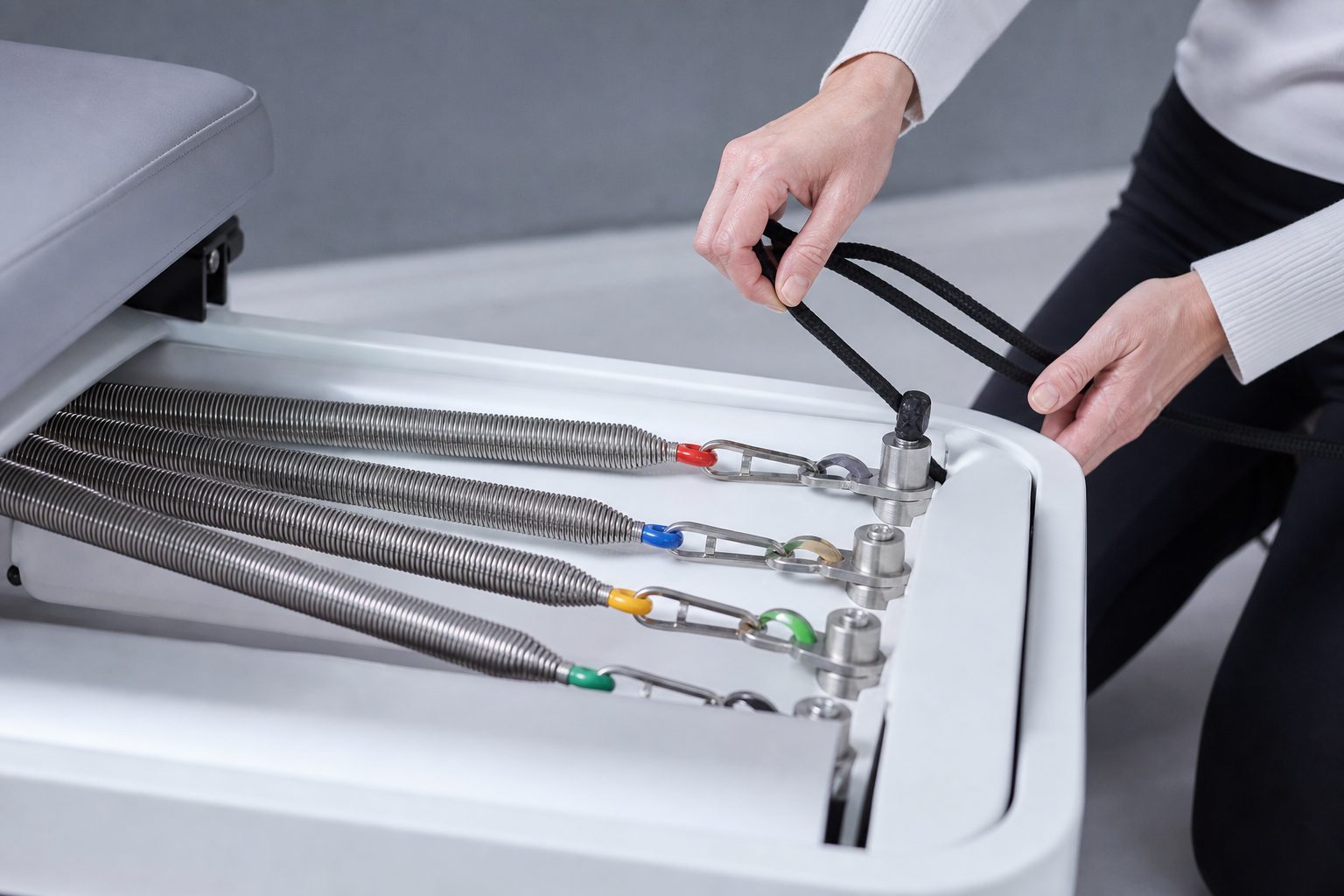 Close view of reformer springs and rope hardware being inspected by hand in bright daylight