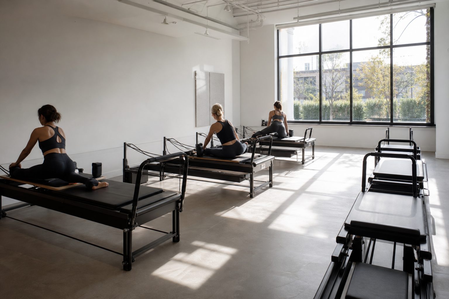 Mid morning Pilates class with several reformers in use and several sitting empty
